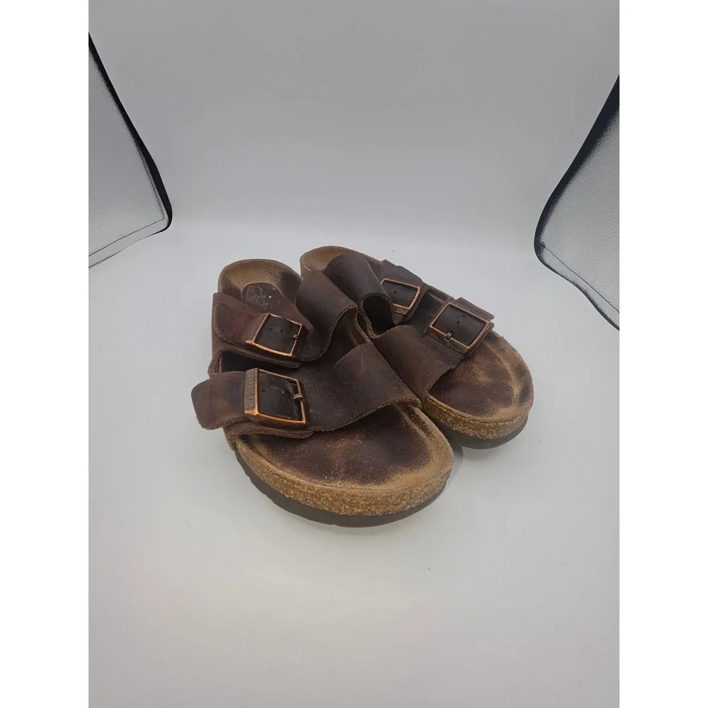 Birkenstock Arizona Dark Brown Oiled Leather Two Strap Buckle Sandals Slide